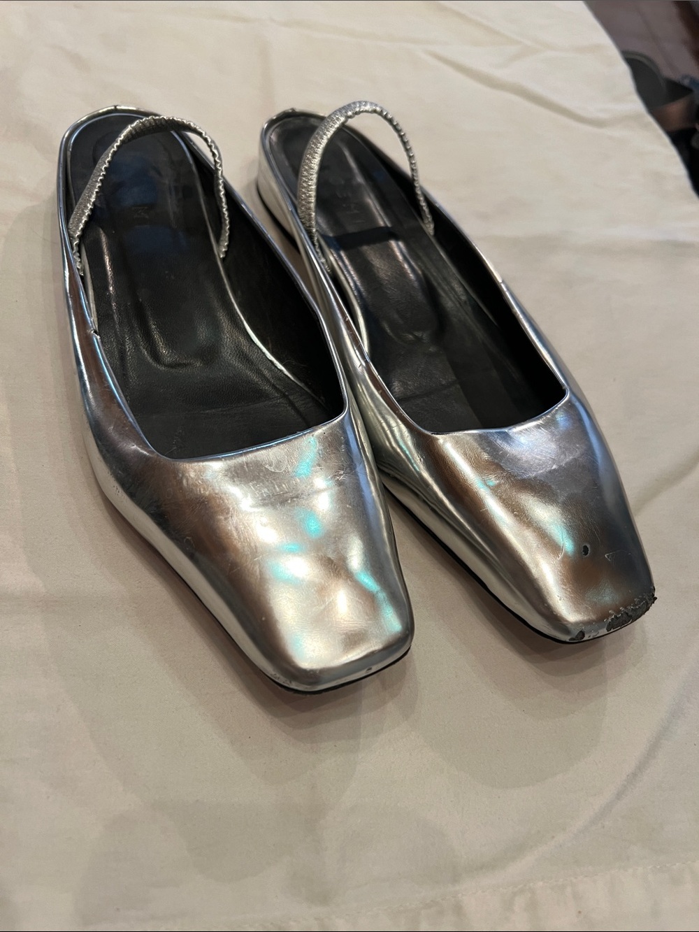Metallic Silver Square-Toe Slingback Flats for Women